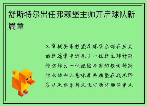 舒斯特尔出任弗赖堡主帅开启球队新篇章 舒斯特尔出任弗赖堡主帅开启球队新篇章