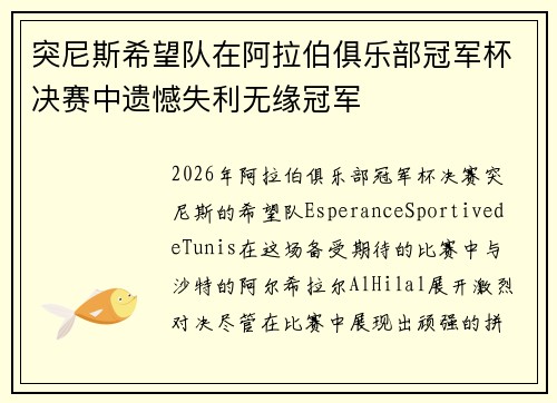 突尼斯希望队在阿拉伯俱乐部冠军杯决赛中遗憾失利无缘冠军